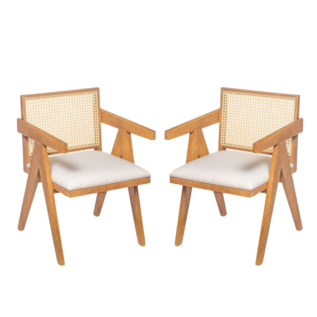 Farmhouse Rattan Dining Chairs Set of 2, Upholstered Armchairs with Backrest, Kitchen Side Chairs with Solid Wood Frame