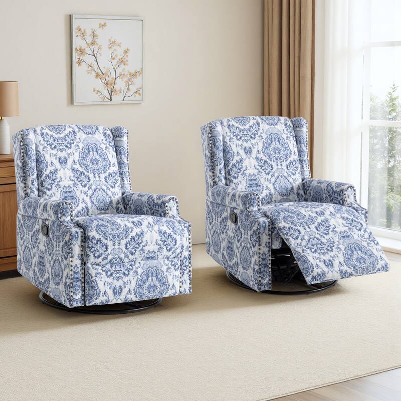 Floral Linen Manual Recliner Chair with Footrest set of 2 - NAVY SWIVEL