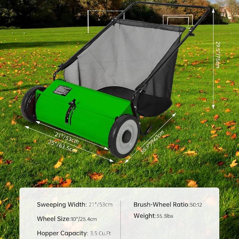 21 Inch Manual Push Lawn Sweeper, 3.5 Cu. Ft. Hopper Capacity Grass Sweeper for Yard and Garden Clean up