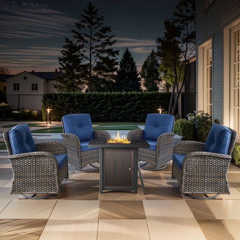 Outdoor Chairs with Fire Pit Table Set - Brwon Wicker Blue Cushion - 5PCS Swivel Chair w/ Fire Table