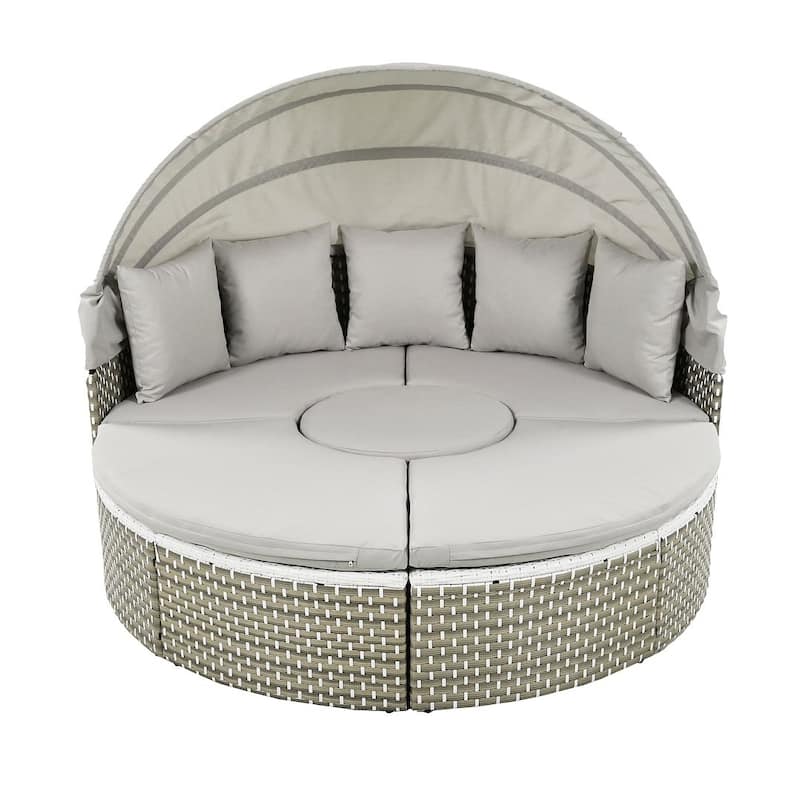 4-piece Outdoor Wicker Patio Round Daybed Sectional Sofa Set with Retractable Canop