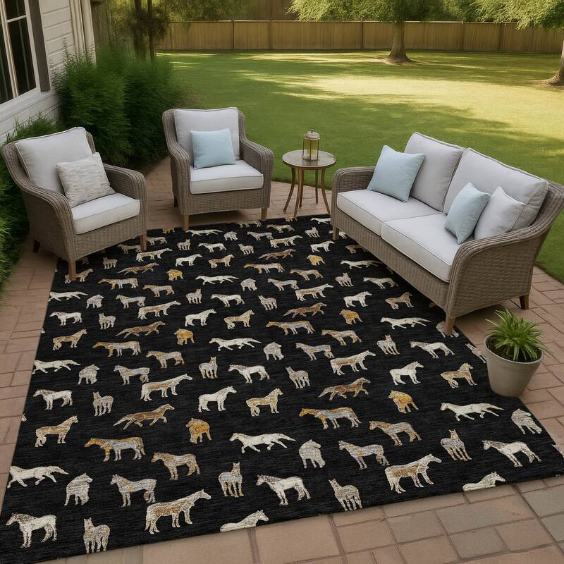 Machine Washable Indoor/ Outdoor Horses Chantille Rug - Black - 10' x 14'