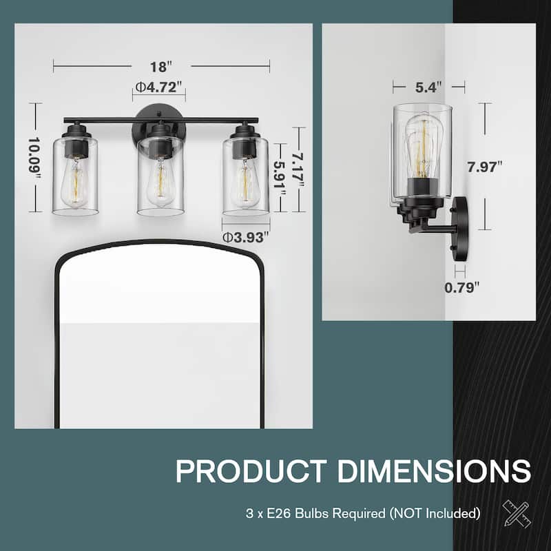 3-Light Bathroom Vanity Lights,Black with Clear Glass Shade