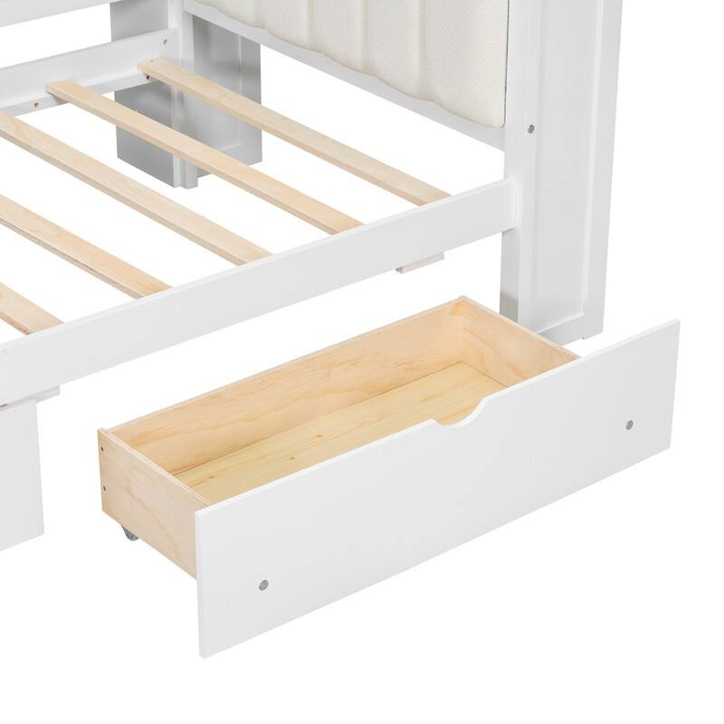 Twin/Full Size Storage Platform Bed w/ Shelves & Drawers, Wooden Daybed w/ Upholstered Headboard, Charging Station & Light