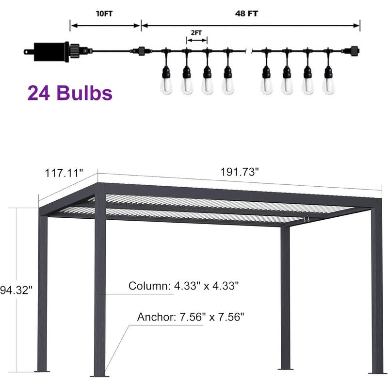 PURPLE LEAF Louvered Pergola with Solar Lights Hardtop Gazebo for Patio