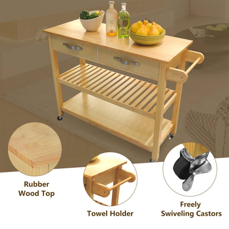 45" Kitchen Island Cart with Wheels, 2 Drawers & Open Storage Shelves - 45 x 17 x 35 inches
