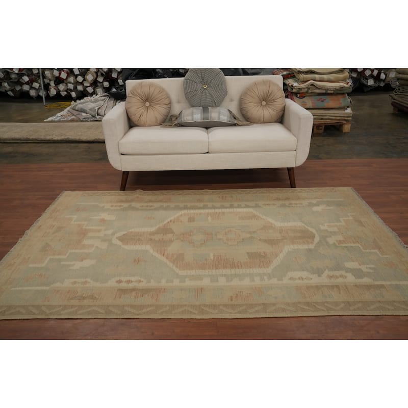 Hand Woven Oriental 100% Wool Carpet Southwestern Tribal Greys & Charcoal Kilim Area Rug - 7' 10'' X 5' 1''