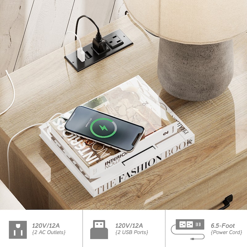 Nightstand with Charging Station, 2-Drawer End Table for Bedroom