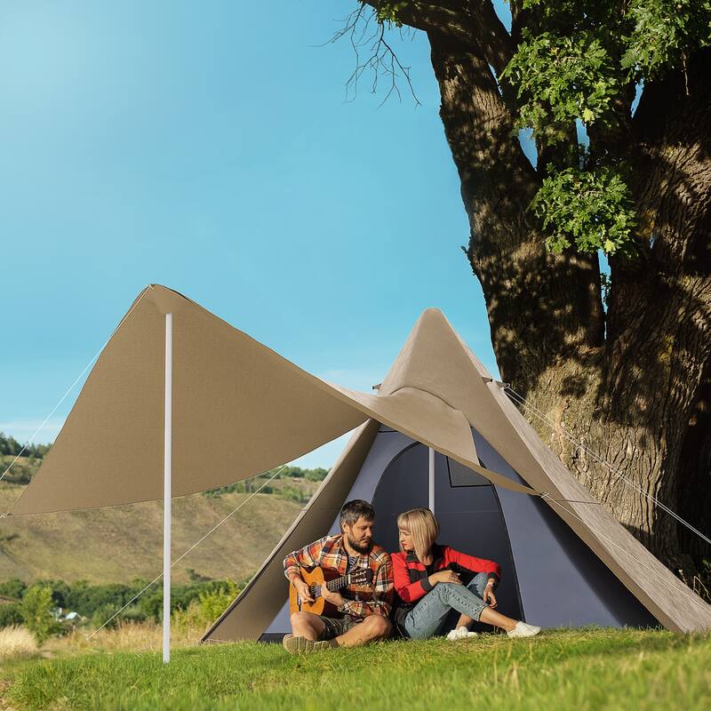 Outsunny Teepee Tent, Easy Set-Up Camping Tent with Porch Area, Floor and Carry Bag - Coffee