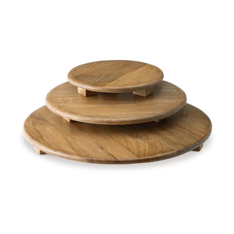Piya Decorative Serving Tray Platter Set of 3, Round Riser Honey Brown Wood
