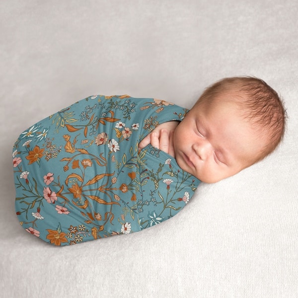 slide 2 of 6, Sweet Jojo Designs Boho Wildflower Vintage Floral Girl Baby Swaddle Receiving Blanket Blue Orange Leaves Paisley Flower Bohemian