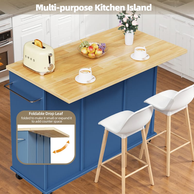 2-Door Kitchen Island with Drawer & Drop Leaf - Mobile Storage Cart on Lockable Wheels for Kitchen, Dining Room, Bar