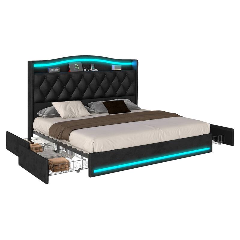 Moasis Queen Size Velvet Upholstered Bed Frame with 4 Storage Drawers & RGB Lights