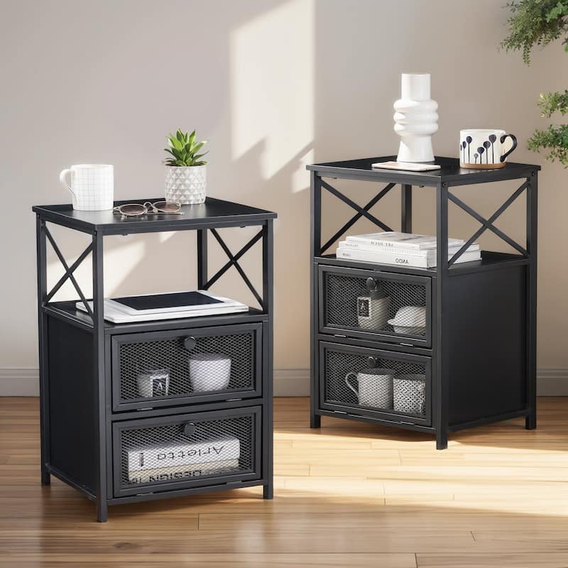 Nightstand with 2 Storage Drawers, Narrow Side Table, Small Wood End Table, Bedside Furniture for Small Spaces