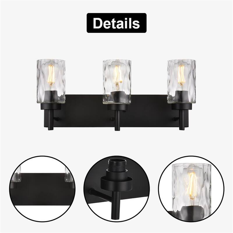 3-Light Black Vanity Light with Hammered Glass