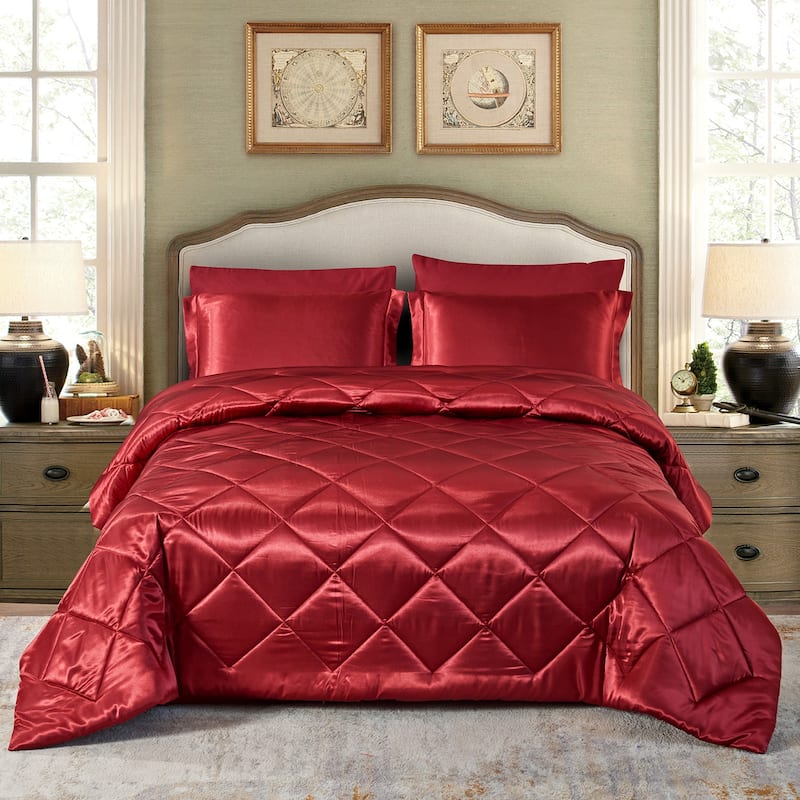 8 Piece Luxury Silky Satin Comforter Set - Burgundy - California King