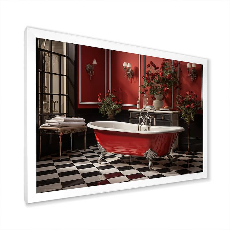 Designart "Red Modern Bathroom Charm IV" Bath & Laundry Framed Wall Art Prints