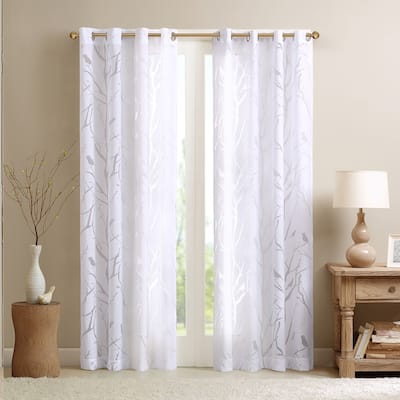 Grommet Top Sheer Bird on Branches Burnout Window Curtain