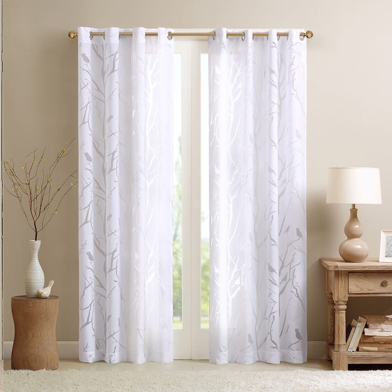 Rossetta Top Grommet Sheer Burnout Bird Branches Window Curtain Panel, Only 1 Piece Panel - 95 Inches - White