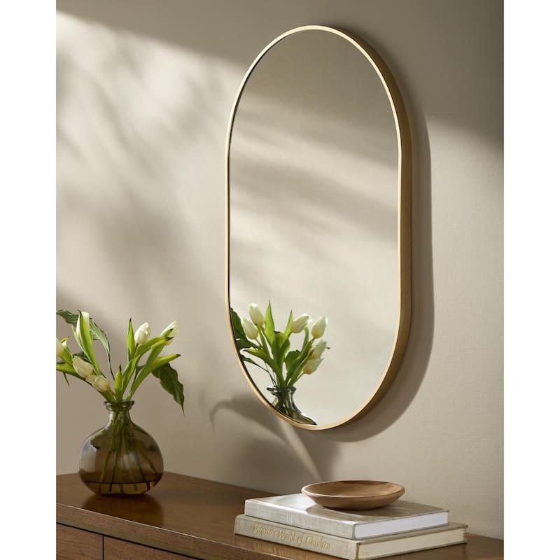 Livabliss Aranya Modern Aluminum Oval Pill-Shaped Accent Mirror - 20"H x 39"W x 1.1"D - Gold