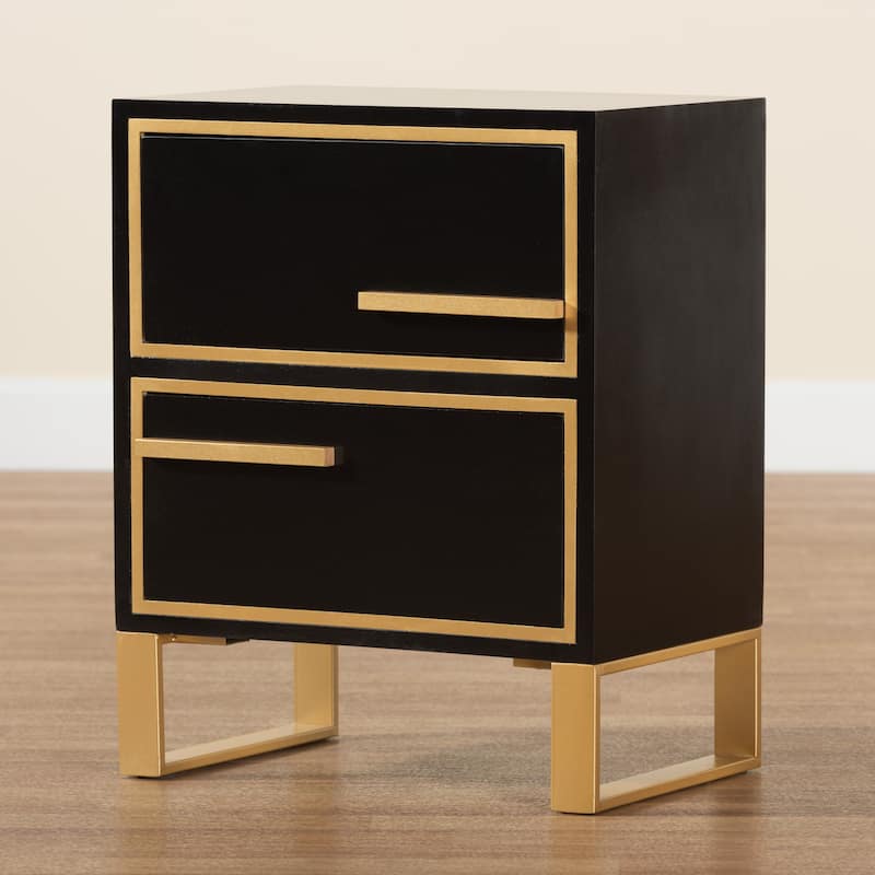 Baxton Studio Giolla Contemporary Glam and Luxe Black Finished Wood and Gold Metal 2-Drawer End Table