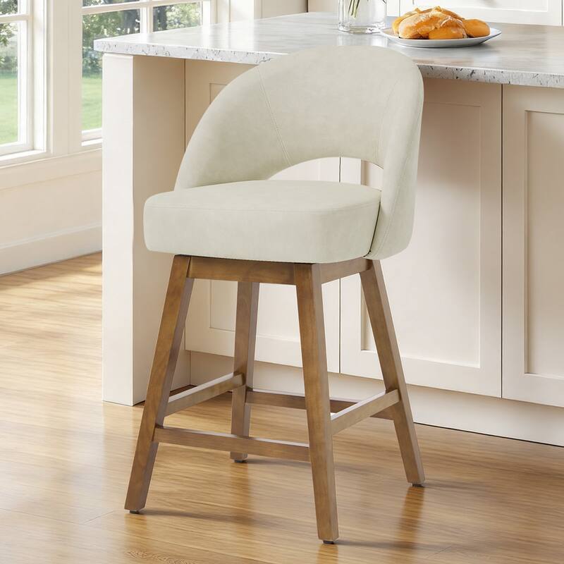 Upholstered Swivel Counter Height Bar Stools with Cutout Back and Solid Wood Frame - 38.2"H x 22.1"W x 23.6"D - Single - Off-White