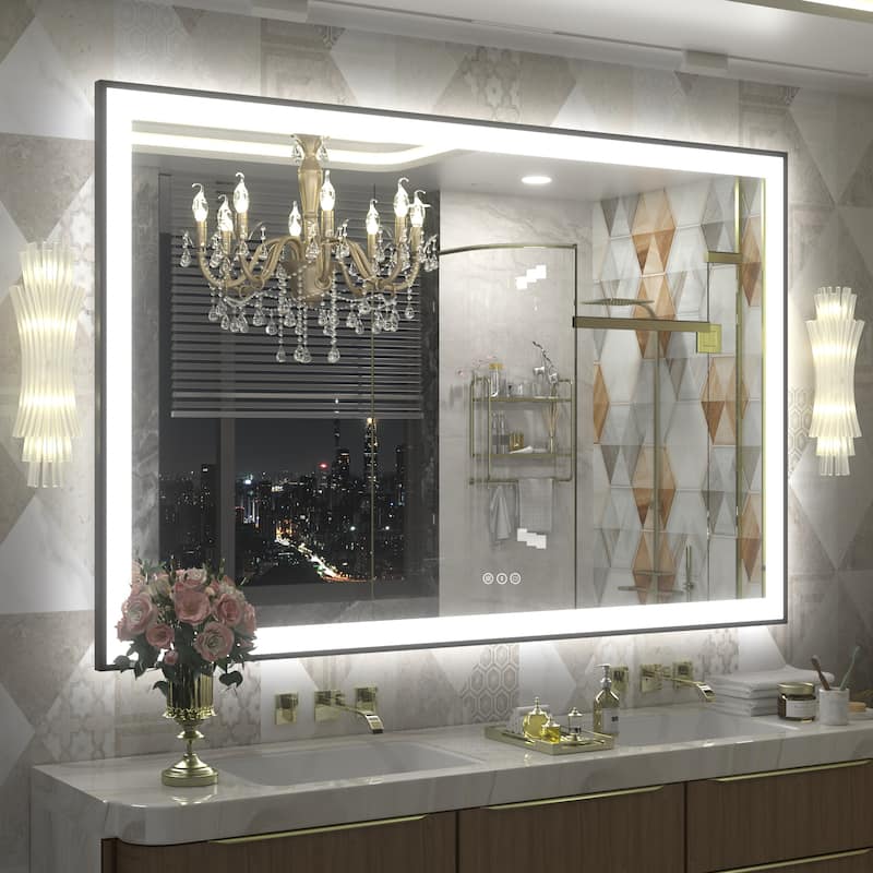 Front & Back LED Anti-Fog Tempered Glass Framed Bathroom/Vanity Mirror 3-Year Warranty - 55" x 30"-Square Corner - Black
