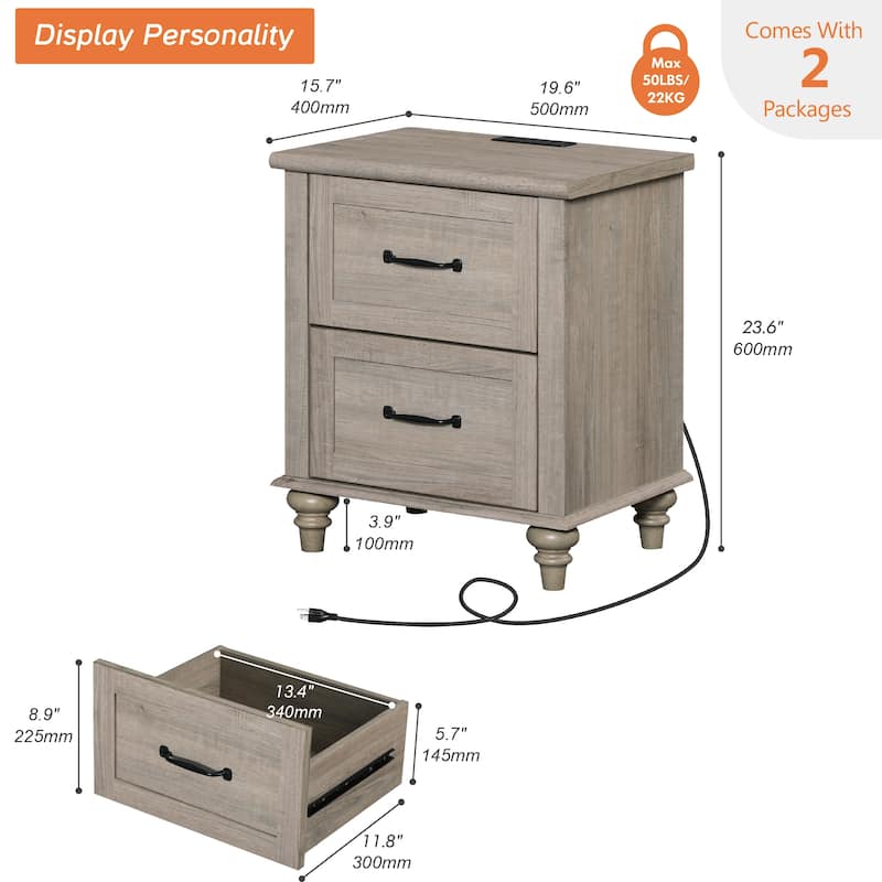 Nightstand with Charging Station, 2-Drawer End Table for Bedroom