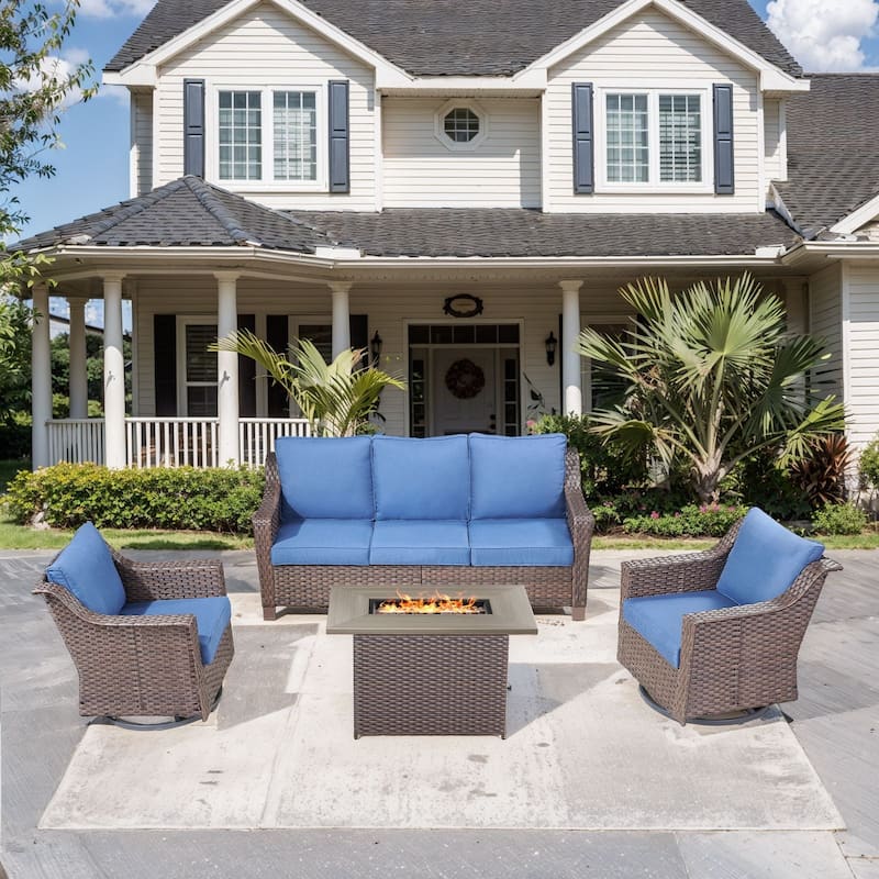 Outdoor Fire Pit Table with Sofa Funiture - Brown Wicker / Blue Cushion - 4-Piece Sofa Chair with Fire Table