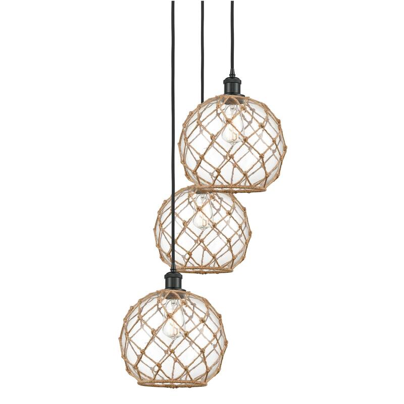 Innovations Lighting 113B-3P-37-17 Farmhouse Rope Pendant Farmhouse - Matte Black / Clear Glass with Brown Rope