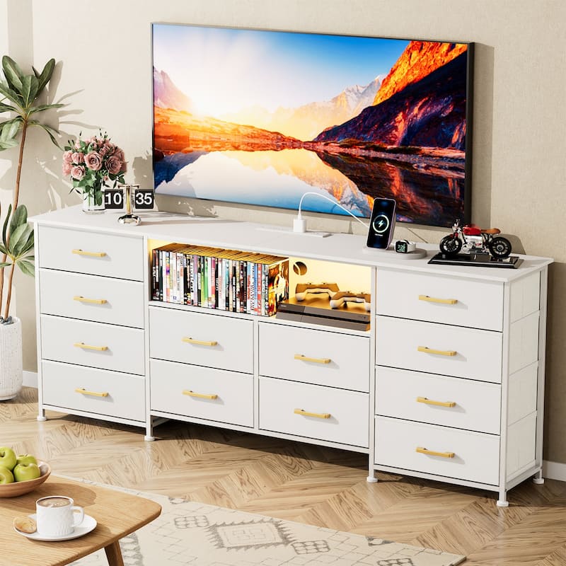 White Dresser for Bedroom with Power Outlets And LED Lights, TV Pedestals, Large Size TV Stand with 12 Drawers