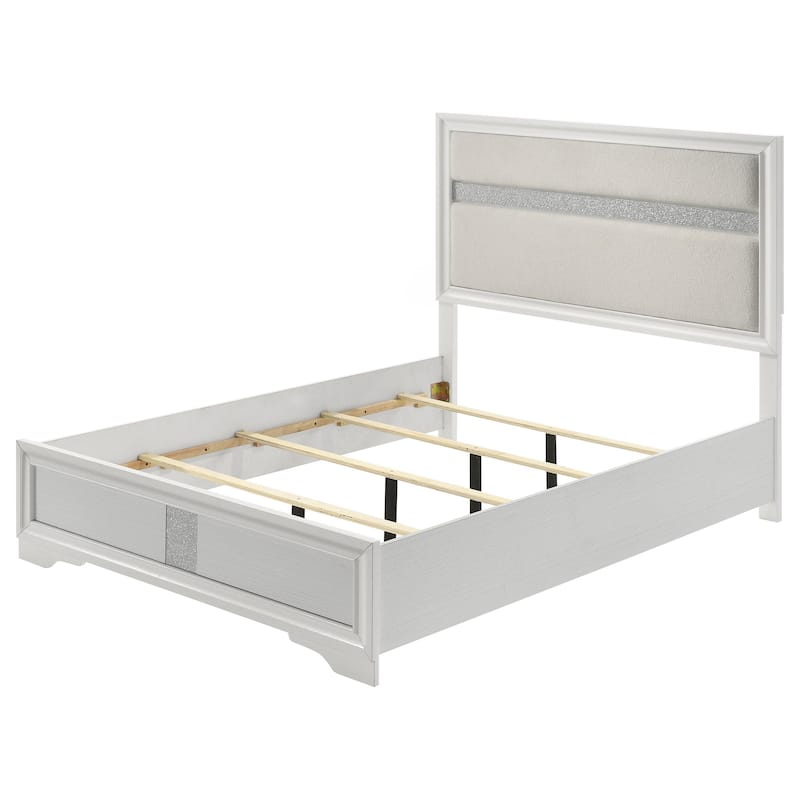 Vino Queen Size Bed, Panel Headboard White Upholstery, Glitter Stripe