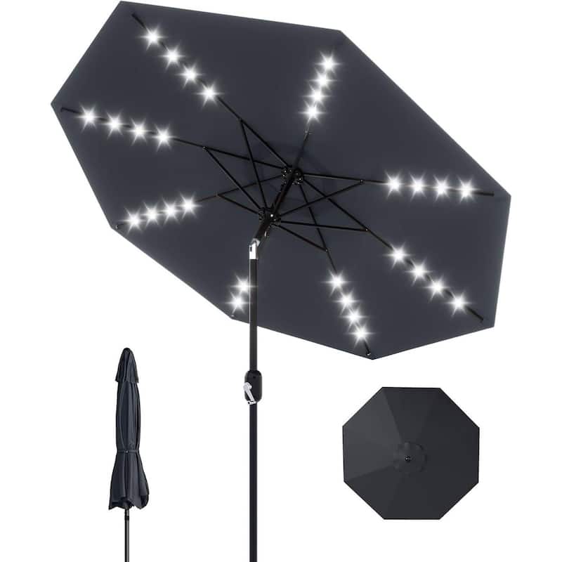 9 Ft Patio Umbrella with Solar Lights for Pool, Deck, Backyard - Grey