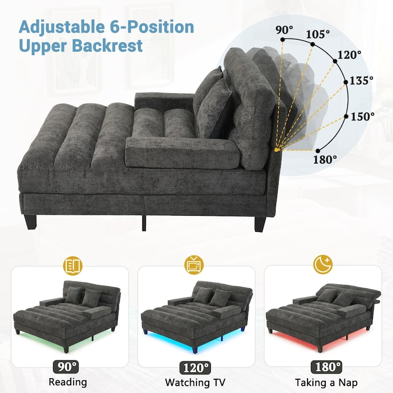 Modern Chaise Lounge Sofa 57.1" Sofa Bed Upholstered Lounge Sofa Chair with Adjustable Backrest and LED Light Strip