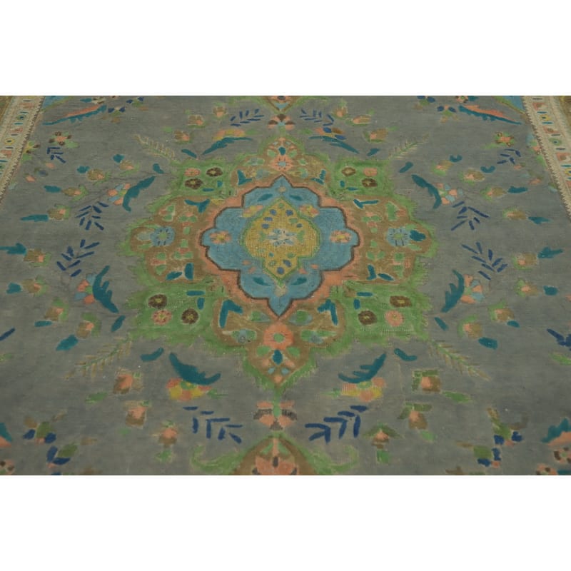 Hand Knotted Oriental 100% Wool Carpet Traditional Floral Greys & Charcoal Tabriz Area Rug - 9' 7'' X 6' 8''
