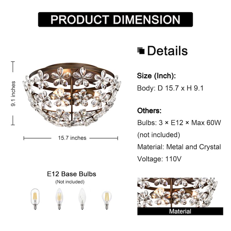 Rosa 3-Light Glam Daisy Flower Crystal Blossom Flush Mount