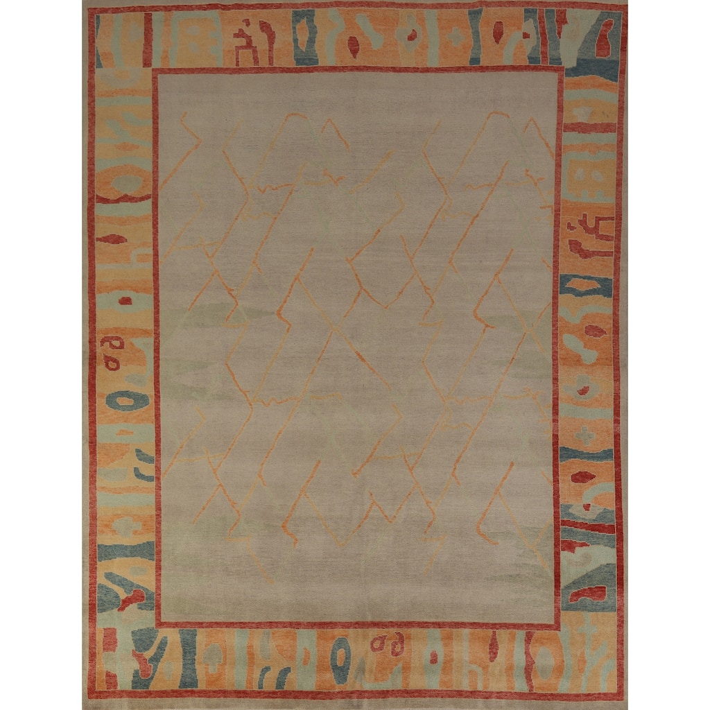 Hand Knotted Oriental 100% Wool Carpet Transitional Geometric Beige & Ivories Oushak Area Rug - 9' 1'' X 8' 0''