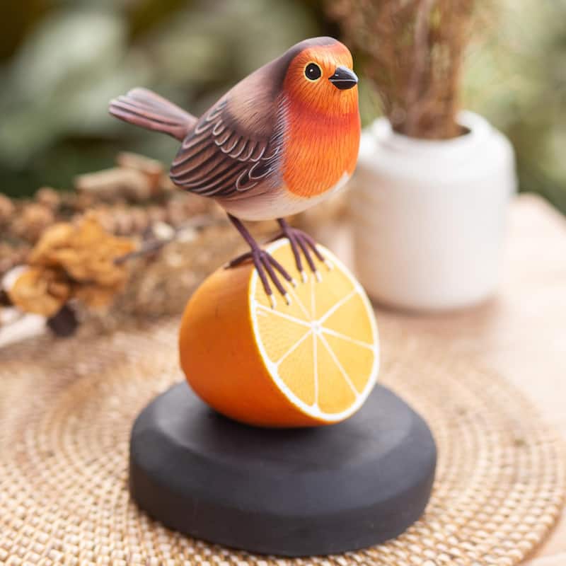 Novica Handmade Robin With Orange Wood Statuette