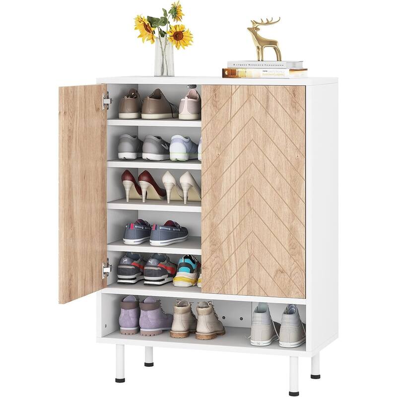 5-Tier White MDF Shoe Cabinet with Rustic Herringbone Design for Entryway or Bedroom - 28.74”L x 13.77”W x 43.31”H