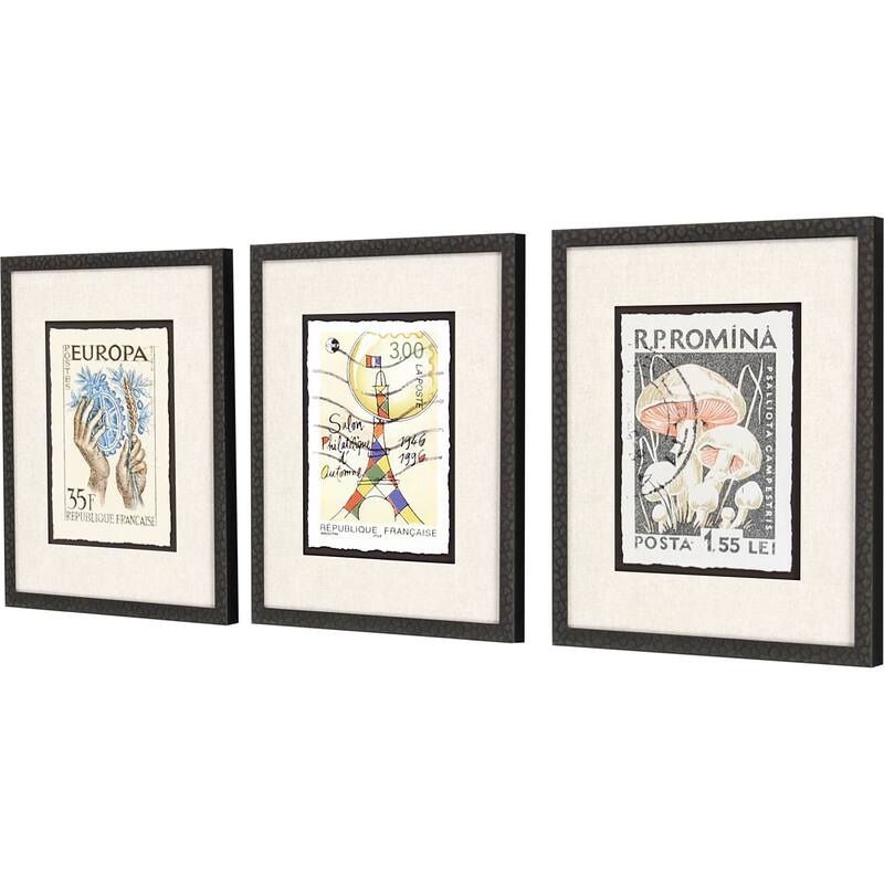 Vintage Stamps II S/3 Framed Art Exclusive Giclee Under Glass