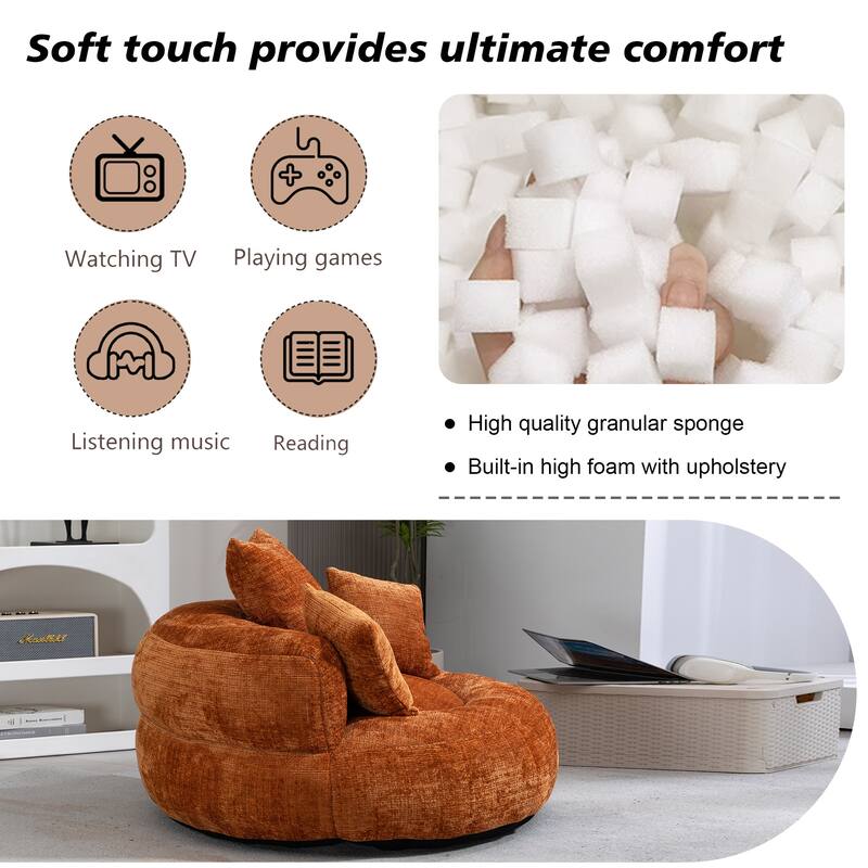 Chenille Upholstered Durable Comfort Lounger High Back Bean Bag Lazy Sofa With Three Pillows