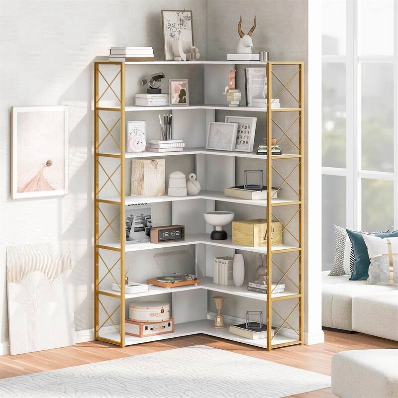 Merax L-Shaped 7-Tier Corner Bookcase with Metal Frame
