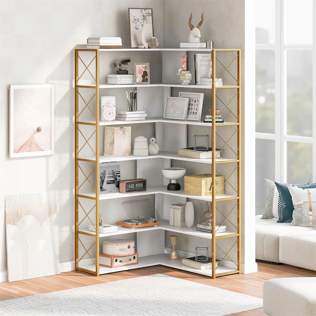 Merax L-Shaped 7-Tier Corner Bookcase with Metal Frame