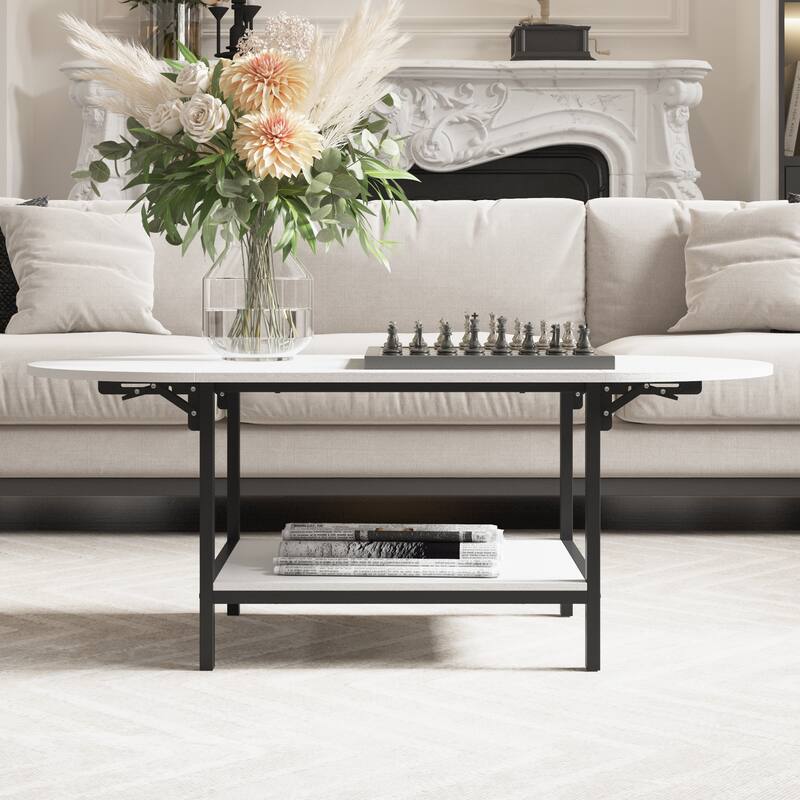 Oval Extended Coffee Tables 2-Tier Center Table with Open Storage