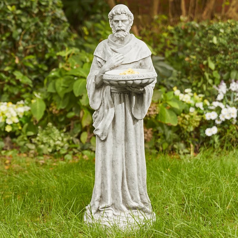 Glitzhome Vintage MgO Saint Francis Garden Statue Sculpture with Birdfeeder Feeding Animals