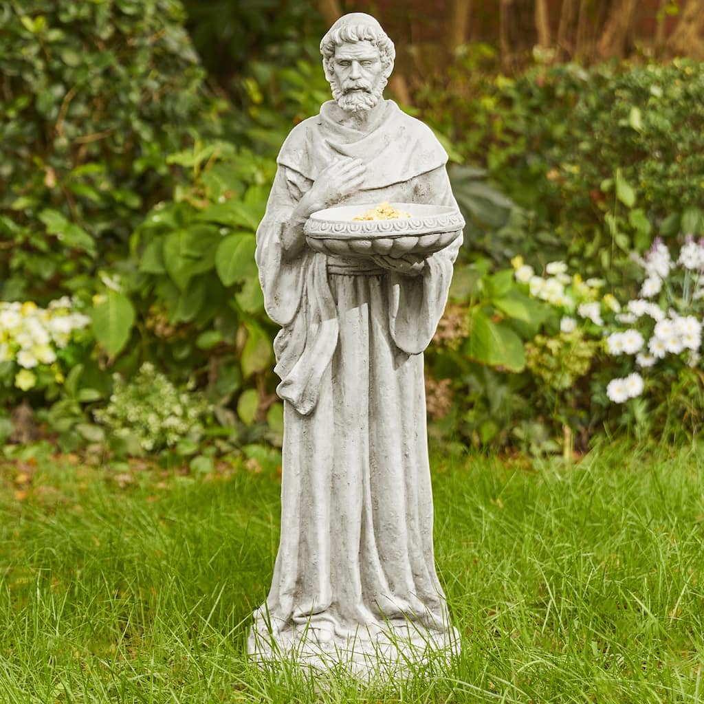 Glitzhome Vintage MgO Saint Francis Garden Statue Sculpture with Birdfeeder Feeding Animals