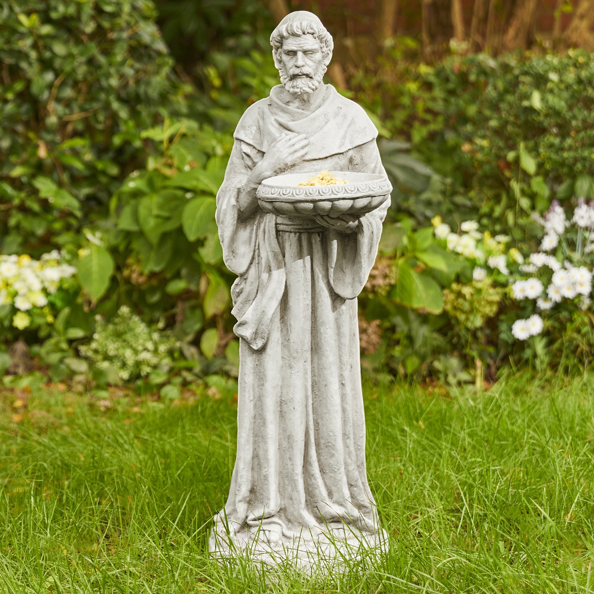 Glitzhome Vintage MgO Saint Francis Garden Statue Sculpture with Birdfeeder Feeding Animals