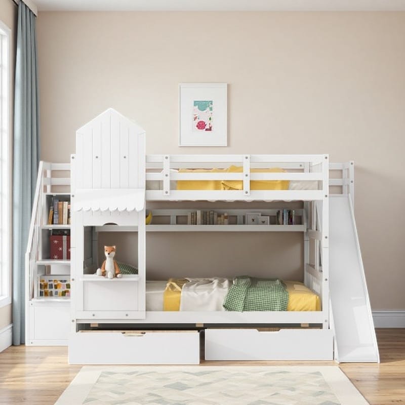 Full Size Wooden Playhouse Bunk Bed with Slide, Dual Full Beds, Drawers & Display Shelves, Castle Style Frame