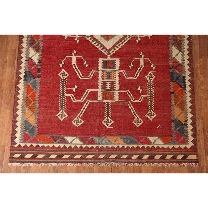 Red Kilim Qashqai Persian Vintage Hand-Woven Wool Carpet - 5'11" x 9'4"