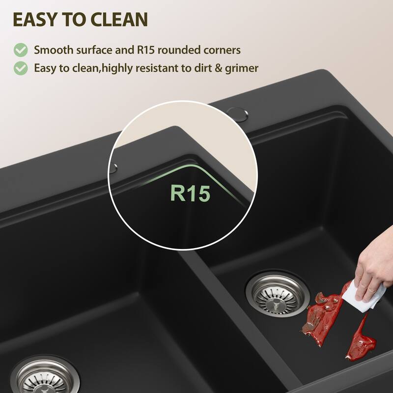 Lordear 33" Kitchen Sink Double Bowl Drop In Workstation Low Divider Quartz Composite Sink - 22 in.W x 33 in.D x 9.65 in.H
